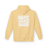 Inspirational Fleece Hoodie - WORSHIP OVER WORRY Honest Heartfelt